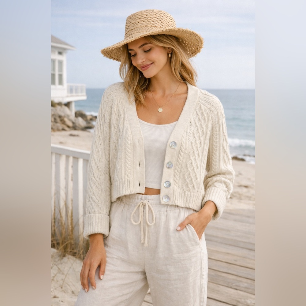 Faherty Cropped Cable Knit Cardigan Sweater - Cream